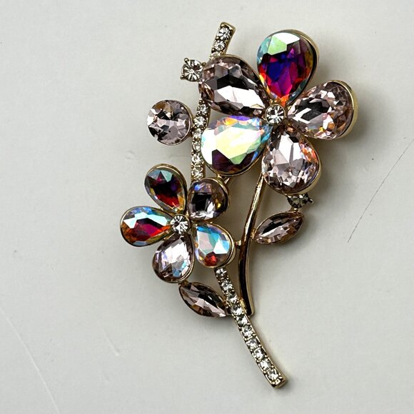 Vintage Monet Floral Brooch Pink Aurora Borealis Rhinestone Gold Tone Pin 2.25” - Picture 2 of 13